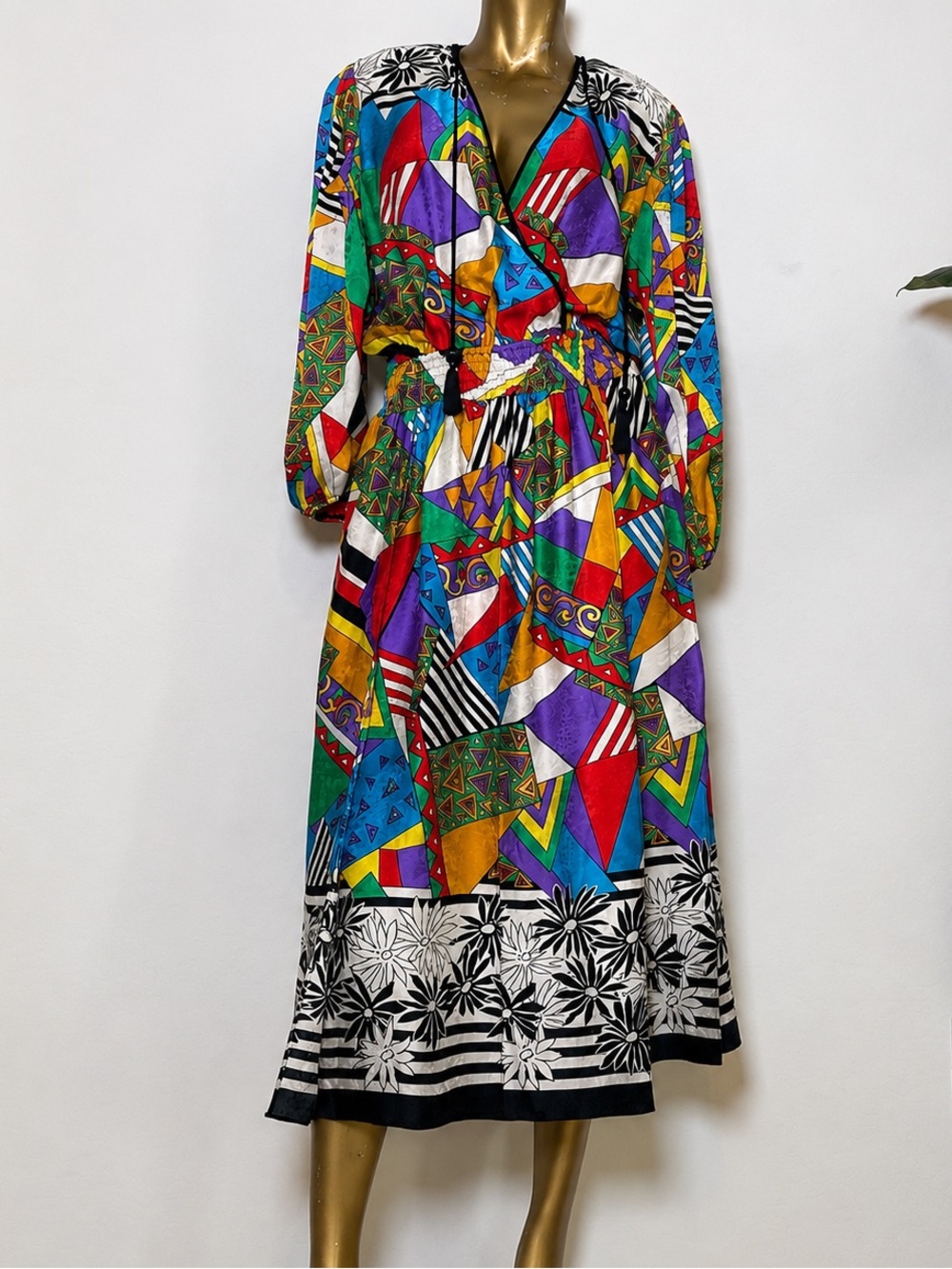 Vintage Diane Freis Multi-color Silk Geometric Art Print Midi Dress Hong Kong